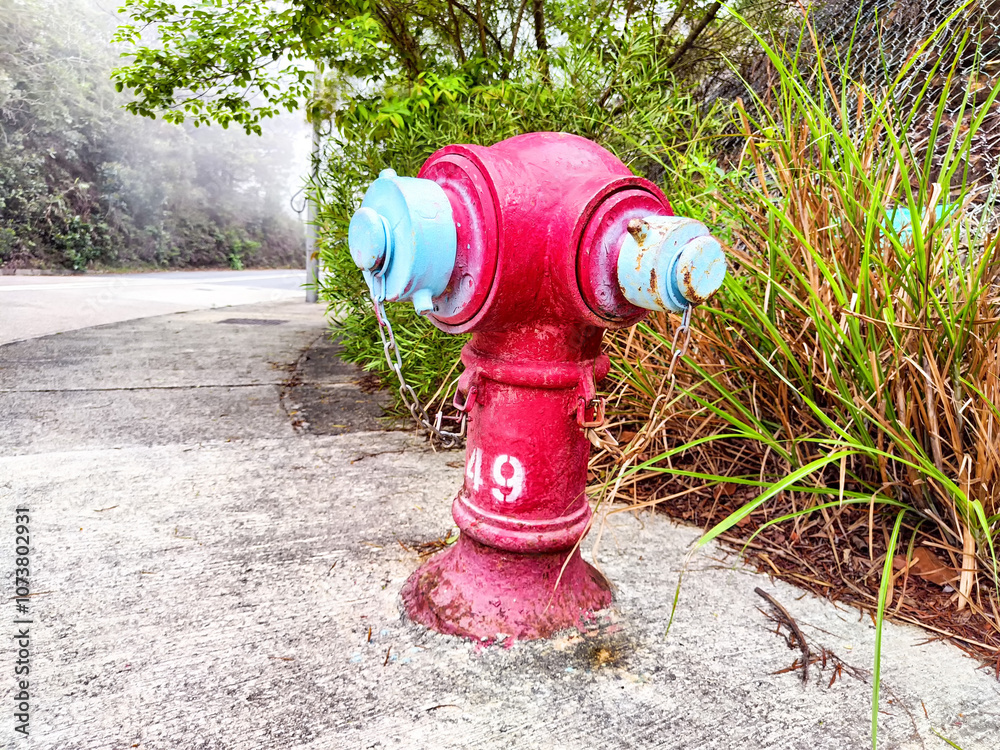 Bright red fire hydrant with blue accents stands beside overgrown vegetation on a concrete pavement in an urban setting
