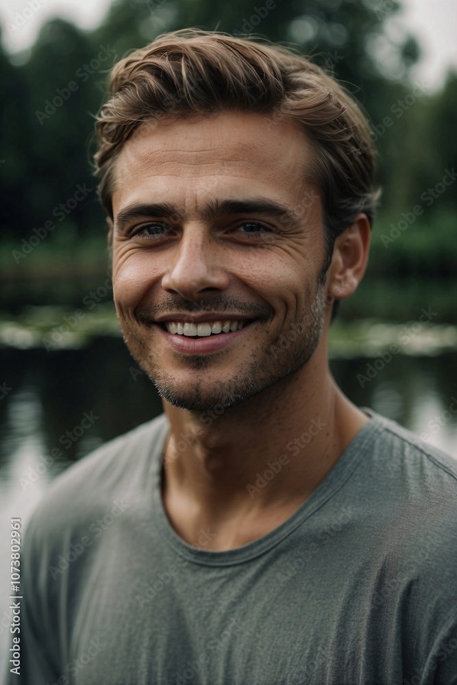 Man with an Ideal Facial Structure and a Gentle Friendly Smile, Standing Before a Water Body Against a Natural Background Man with an Ideal Facial Structure and a Gentle Friendly Smile, Standing Before a Water Body Against a Natural Background