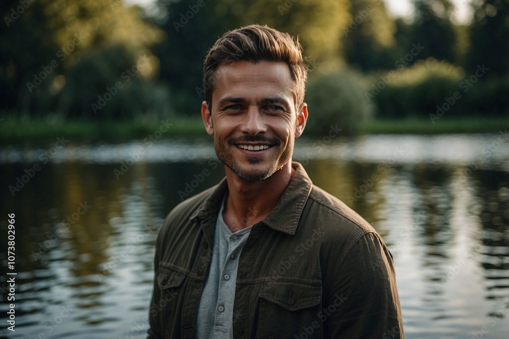 Fototapeta premium Man with an Ideal Facial Structure and a Gentle Friendly Smile, Standing Before a Water Body Against a Natural Background