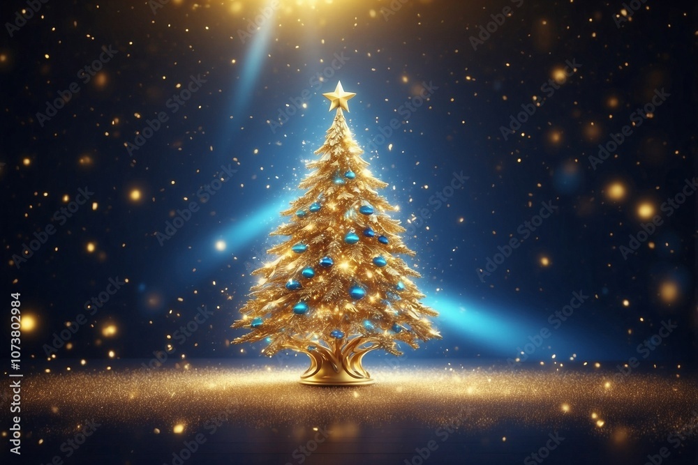 Golden Christmas Tree Topped with a Star, Emitting a Warm Glow Surrounded by Anamorphic Bokeh Golden Christmas Tree Topped with a Star, Emitting a Warm Glow Surrounded by Anamorphic Bokeh