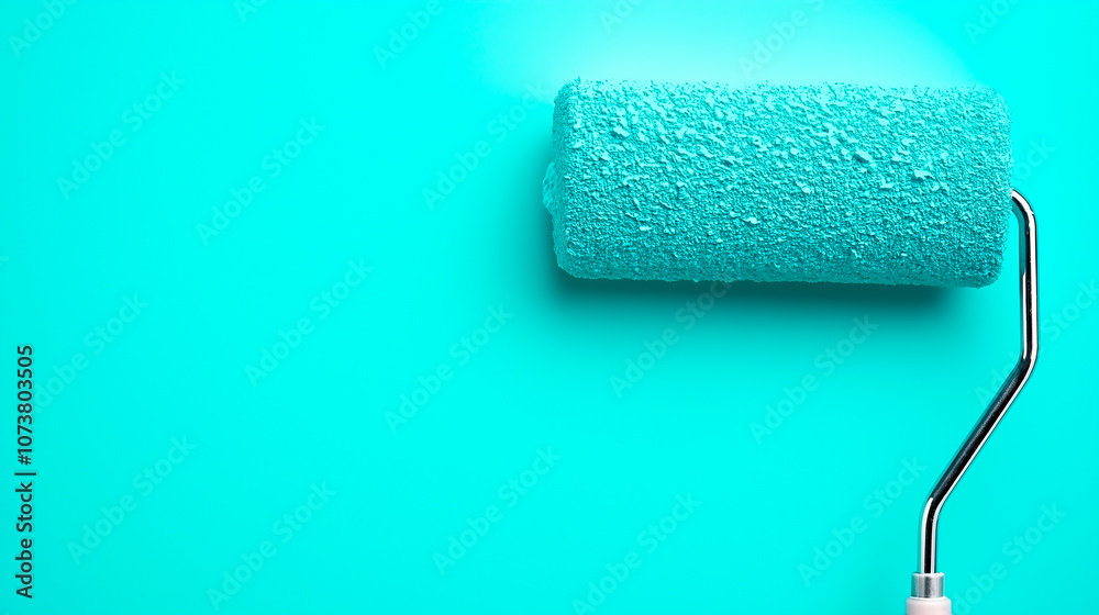 Obraz premium Paint roller applying blue paint to a white wall.