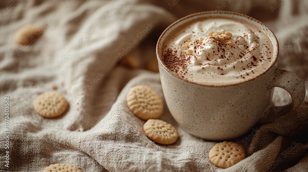 Indulgent hot chocolate with frothy cream, a dusting of cocoa powder, and mini cookies scattered on a linen background Indulgent hot chocolate with frothy cream, a dusting of cocoa powder, and mini cookies scattered on a linen background