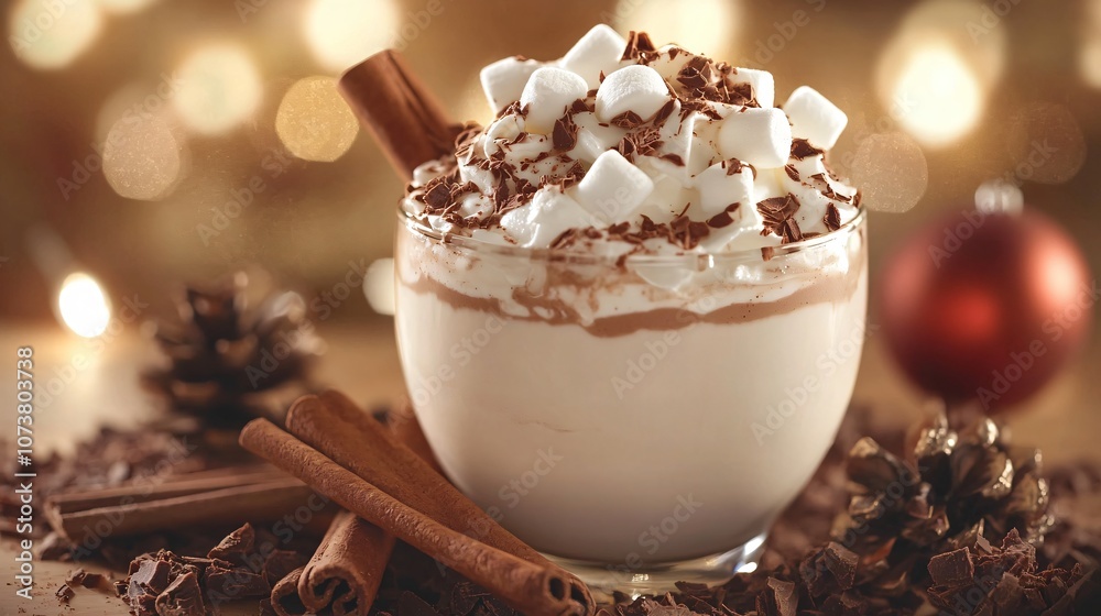 Indulgent hot cocoa with fluffy marshmallows, surrounded by chocolate shavings and cinnamon sticks on a holiday-themed background Indulgent hot cocoa with fluffy marshmallows, surrounded by chocolate shavings and cinnamon sticks on a holiday-themed background