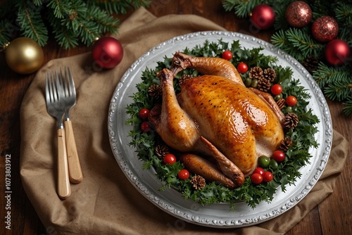 Christmas Turkey with Crispy Roasted Skin on a Platter Adorning a Festive Wreath