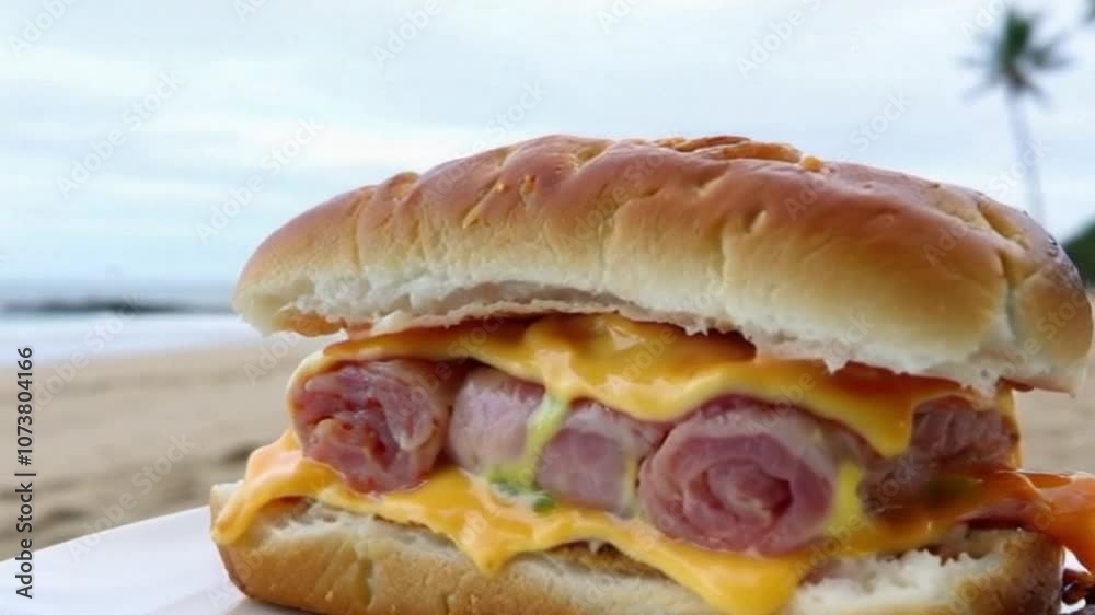 Close-up of Pork Roll Sandwich with Melty Cheese and Coastal Backdrop Close-up of Pork Roll Sandwich with Melty Cheese and Coastal Backdrop