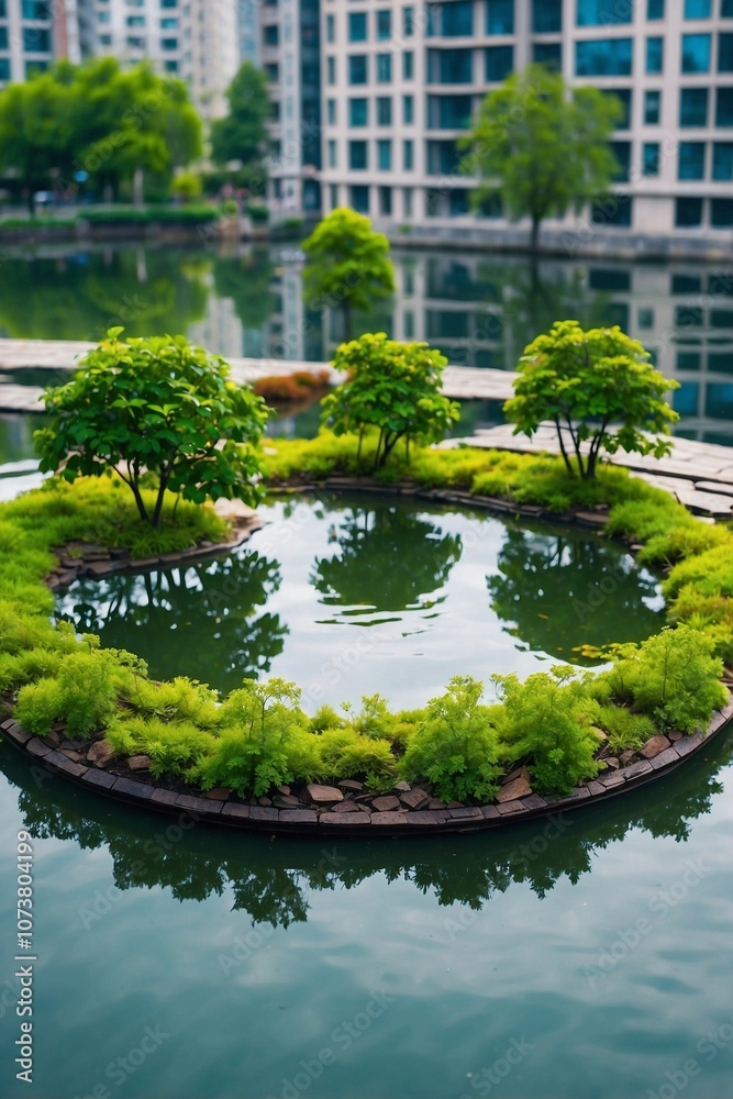 Fototapeta premium Small Round Island in an Urban Pond, Covered with Trees and Green Vegetation. Ecological Oasis: Round Island with Trees and Greenery