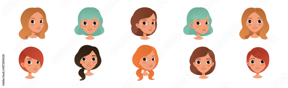 Woman Smiling Face Head with Different Hairstyle Vector Set Woman Smiling Face Head with Different Hairstyle Vector Set