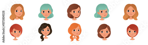Woman Smiling Face Head with Different Hairstyle Vector Set