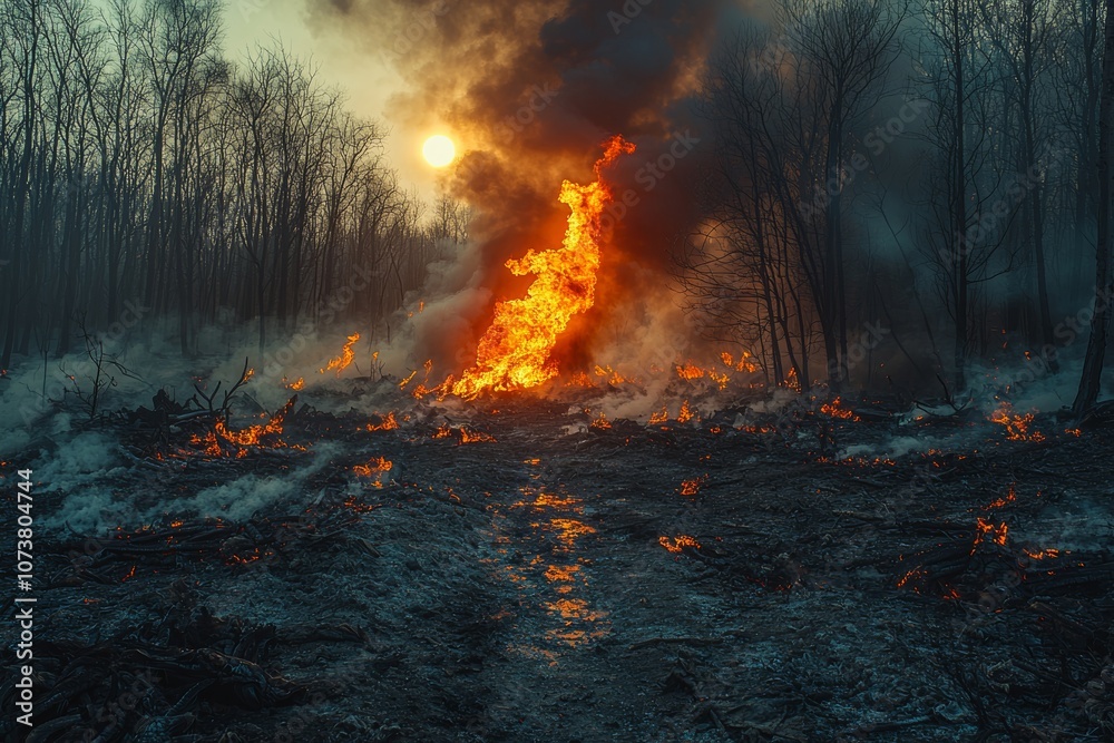 Wildfire devastation: intense forest blaze with smoke and flames at sunset Wildfire devastation: intense forest blaze with smoke and flames at sunset