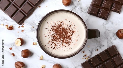 Velvety hot cocoa with a sprinkle of nutmeg, surrounded by crushed hazelnuts and chocolate bars on a marble background