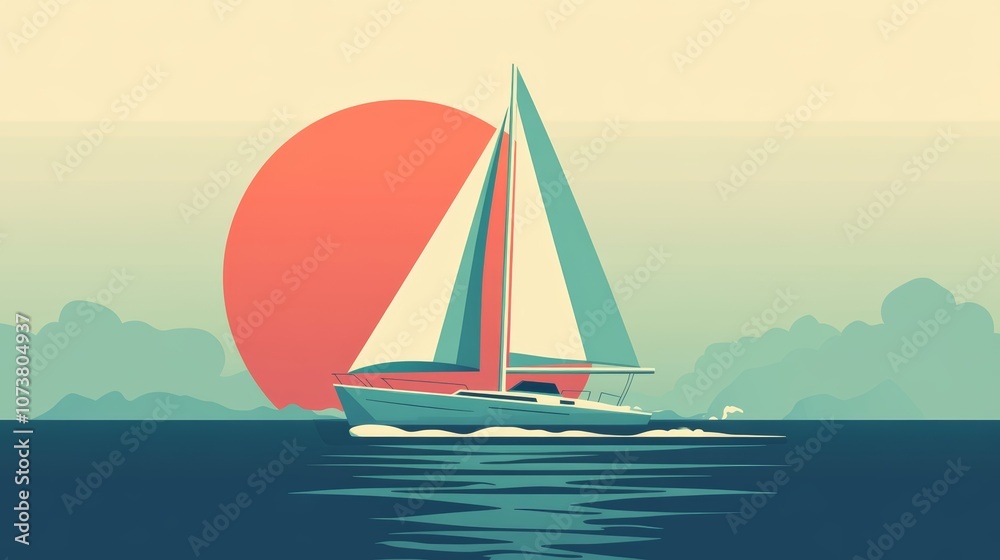 Sailboat at Sunset - A Minimalist Seascape. Flat Minimalist Illustration. Sailboat at Sunset - A Minimalist Seascape. Flat Minimalist Illustration.