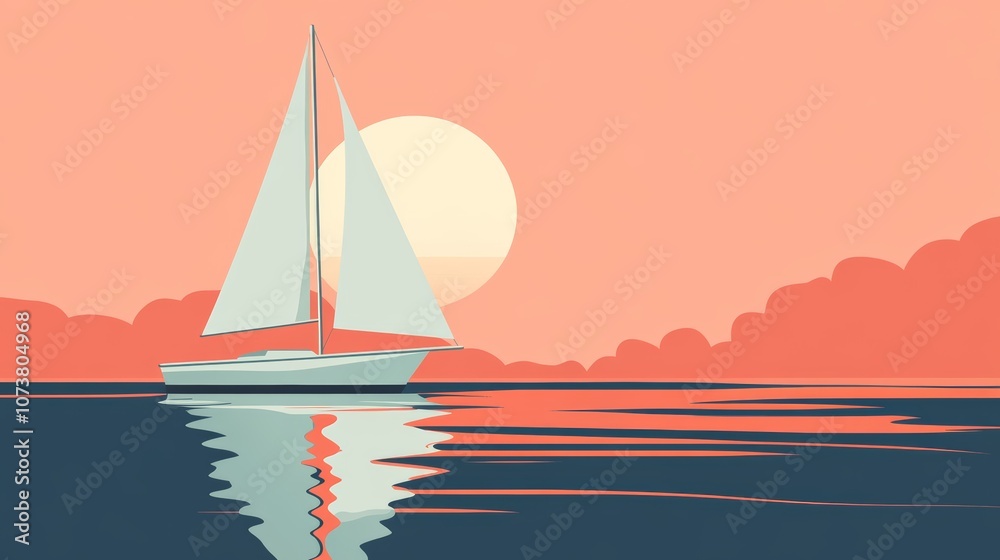 Fototapeta premium Sailing at Sunset in a Minimalist Style. Flat Minimalist Illustration.