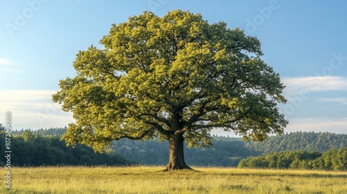 A lone oak tree stands tall in a field, bathed in the warm light of a summer afternoon.