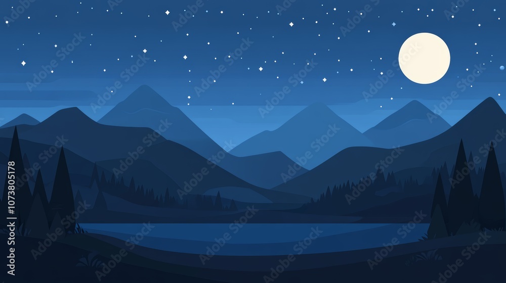Obraz premium Serene Nighttime Landscape with Mountains and a Full Moon. Flat Minimalist Illustration.