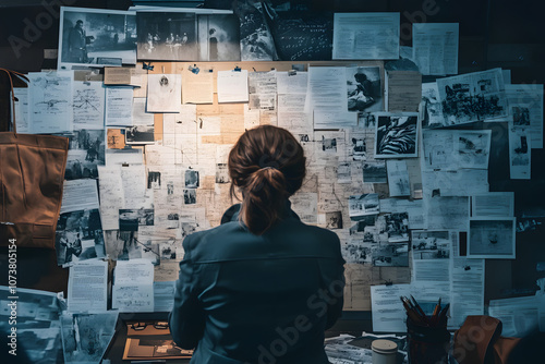 Investigator analyzing a complex evidence board filled with documents, photos, and notes, creating a cinematic mystery scene perfect for crime-solving, storytelling, and detective themes
