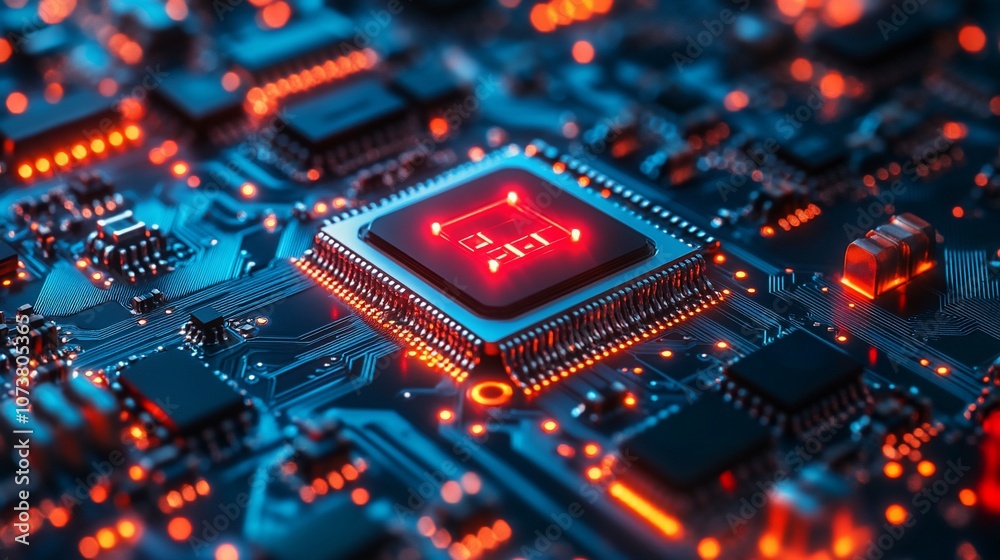 Close-up of a glowing CPU on a circuit board. Close-up of a glowing CPU on a circuit board.
