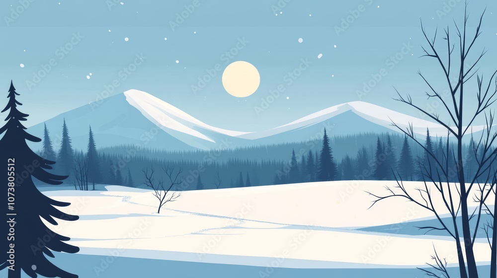 Naklejka premium A Snowy Mountain Landscape. Flat Minimalist Illustration.