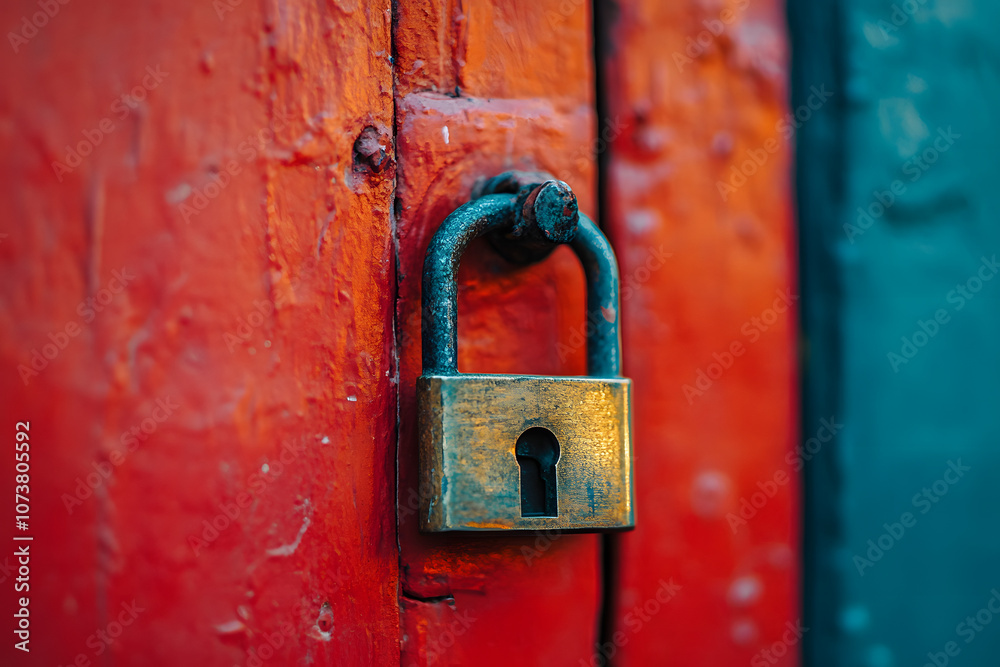 Close-up of rustic padlock on vibrant red door, security concept, weathered lock, antique mechanism, vintage hardware, bold colors, industrial texture, safety, protection, retro style
Close-up of rustic padlock on vibrant red door, security concept, weathered lock, antique mechanism, vintage hardware, bold colors, industrial texture, safety, protection, retro style