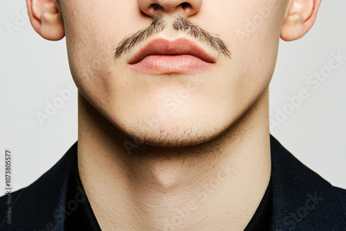 metrosexual gay male lips with glossy peach lipstick and trimmed mustache photo