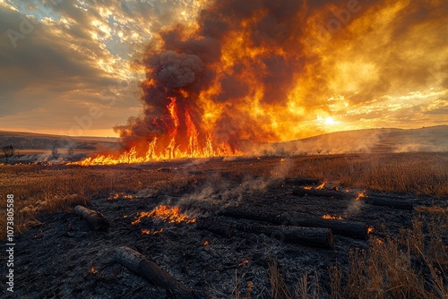 Wallpaper Mural Intense wildfire in field with dramatic sky and billowing smoke at sunset Torontodigital.ca