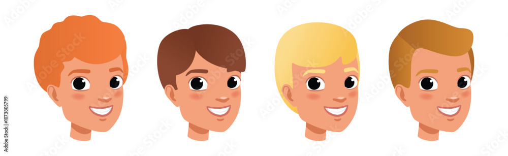 Young Man Smiling Face Head with Different Hairstyle Vector Set Young Man Smiling Face Head with Different Hairstyle Vector Set