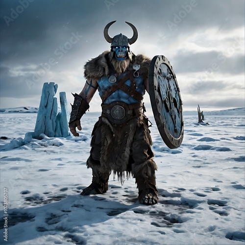 A hulking Draugr rising from a frozen grave in a desolate tundra. Nordic Creatures.Folklore Illustrations