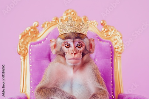 Monkey Day monkey wearing a golden crown sitting on a pastel purple velvet and gold throne photo