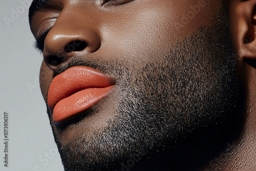 male lips with matte peach lipstick application and mustache detail photo