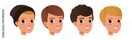 Young Man Smiling Face Head with Different Hairstyle Vector Set