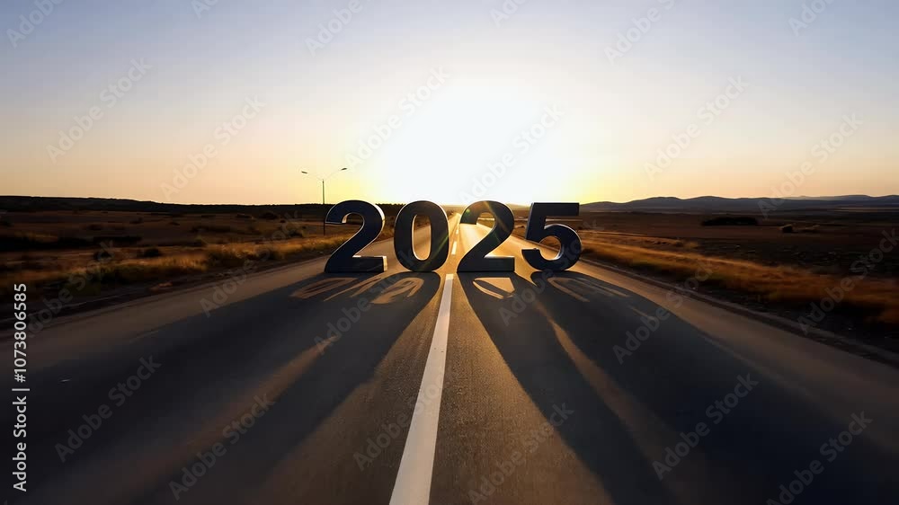 Symbolic road 2025 year marked sunsetlit asphalt path representing new challenges growth strategic career opportunities goal glow forward sunlight succeed ahead arrow aspiration backlit beautiful