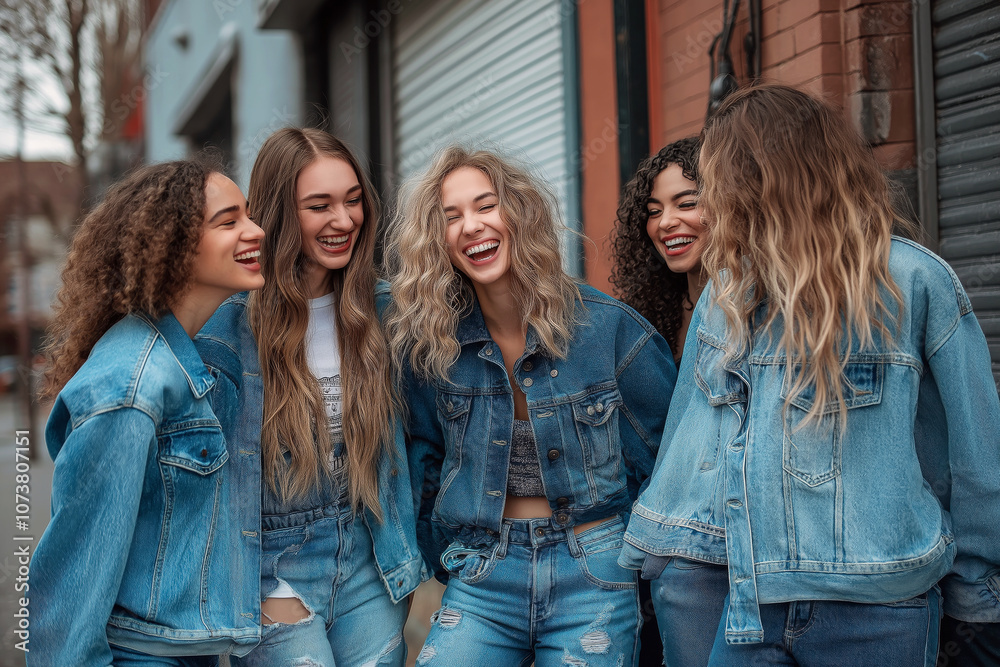 Group of friends laughing, all dressed in various shades of denim, from ripped skinny jeans to oversized jackets, captured in a candid moment. Group of friends laughing, all dressed in various shades of denim, from ripped skinny jeans to oversized jackets, captured in a candid moment.