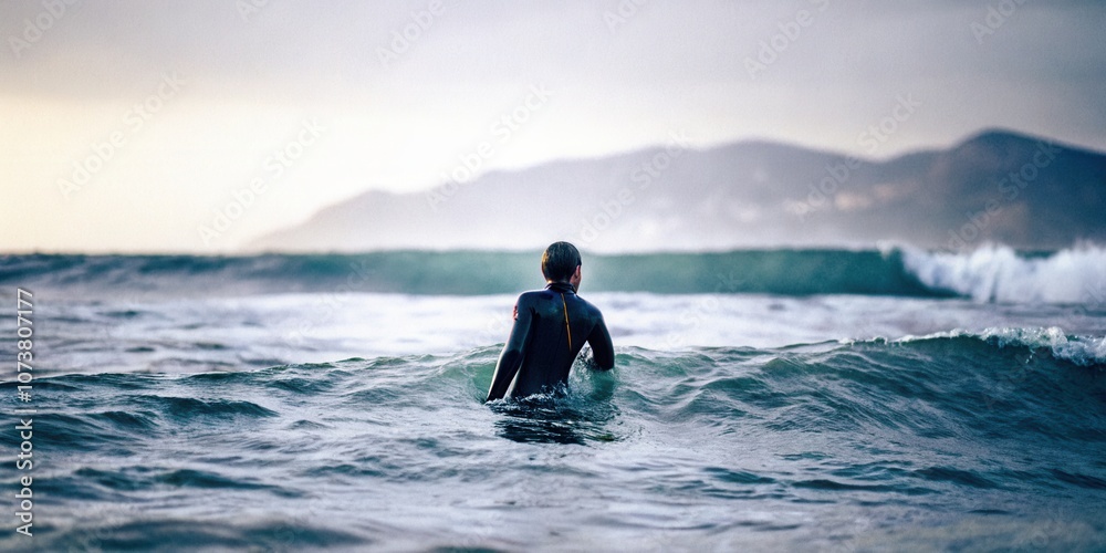 Naklejka premium urfer Facing Ocean Waves with Distant Hills