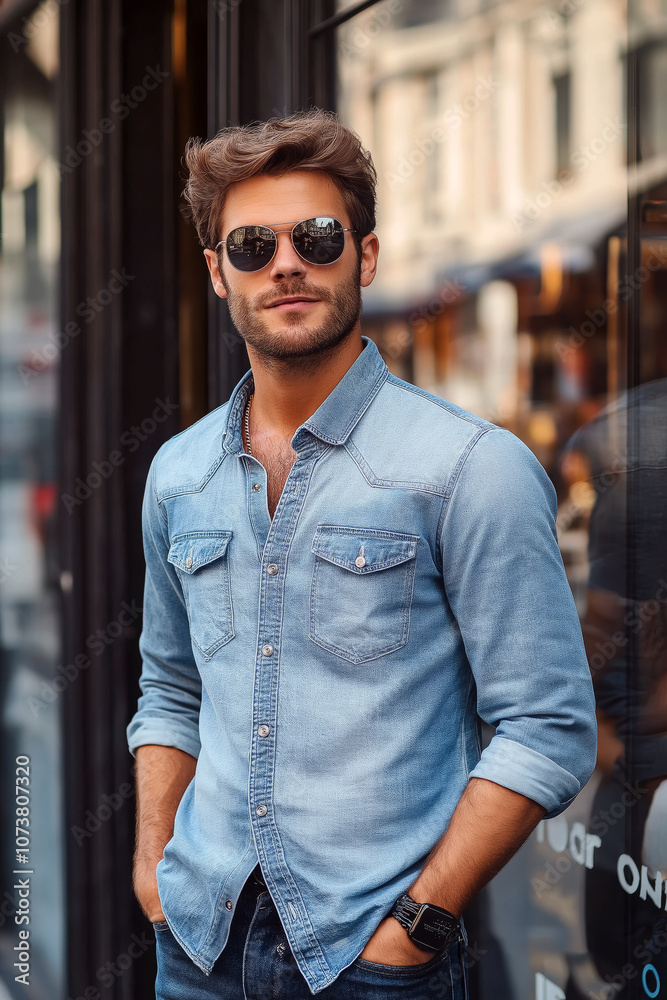 Man in a denim shirt with rolled-up sleeves and retro-style sunglasses standing near a trendy boutique window. Man in a denim shirt with rolled-up sleeves and retro-style sunglasses standing near a trendy boutique window.