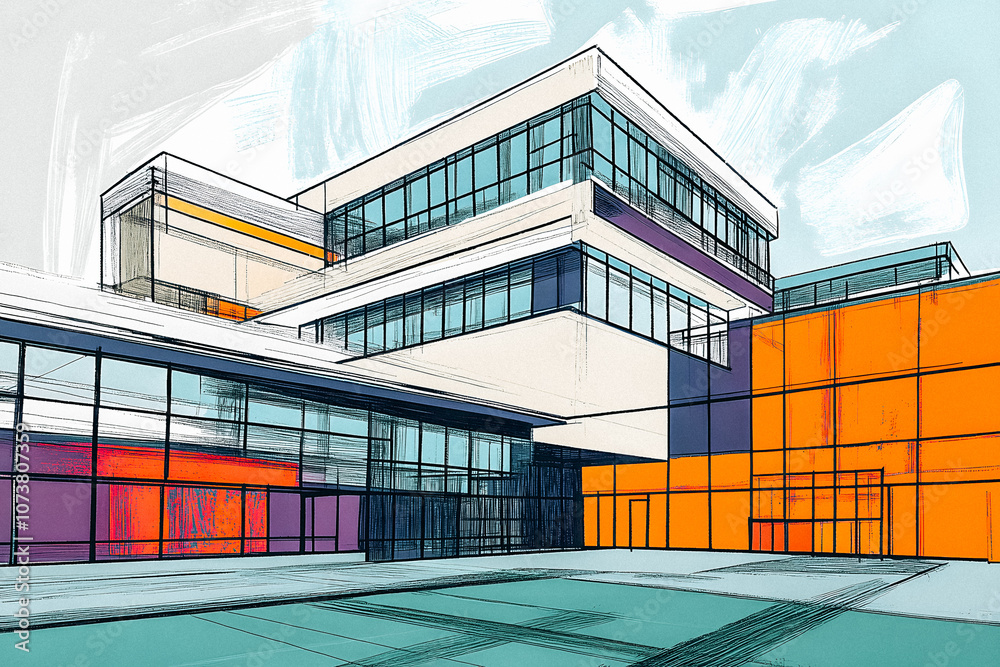 Fototapeta premium Esquisse au crayon, plan, maquette architecture 