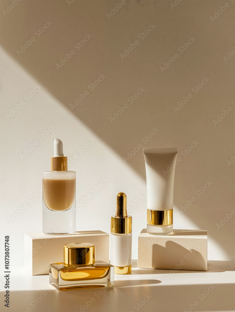Luxury skincare products displaying on geometric blocks Luxury skincare products displaying on geometric blocks