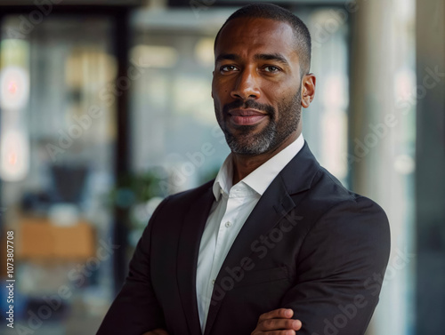 Confident businessman posing with folded arms in office