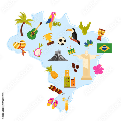 Travel to Brazil set, Brazilian ethnic culture and landmark, food and bird on infographic country map. Tropical fauna and flora, statue of Jesus and Metropolitan Cathedral cartoon vector illustration