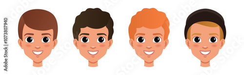 Young Man Smiling Face Head with Different Hairstyle Vector Set