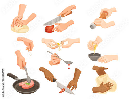 Hands performing different cooking tasks like kneading and chopping. Vector illustration