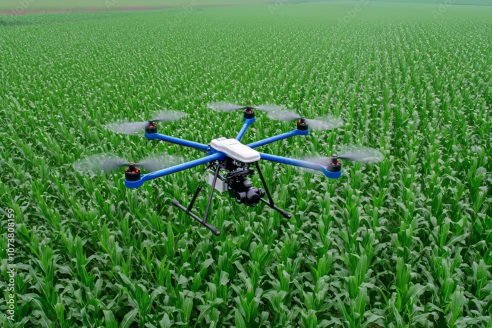 In agriculture drones, fertilizer is sprayed on sweet corn fields using drones In agriculture drones, fertilizer is sprayed on sweet corn fields using drones