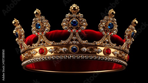 Gold crown with red velvet lining and blue and red gems isolated on black background.