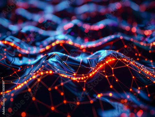 Abstract technology background with connecting lines and dots forming a mountain like structure