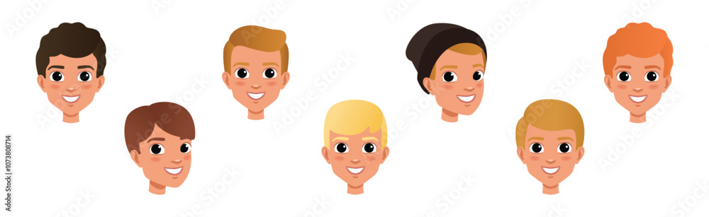Young Man Smiling Face Head with Different Hairstyle Vector Set Young Man Smiling Face Head with Different Hairstyle Vector Set