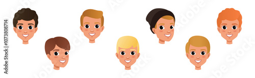 Young Man Smiling Face Head with Different Hairstyle Vector Set