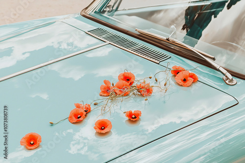 car hood with red poppies scattered across photo