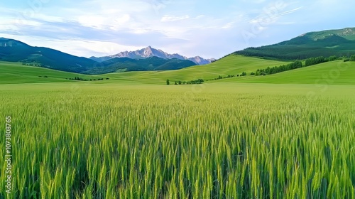 Agricultural landscape with golden wheat fields, farming, and Stock