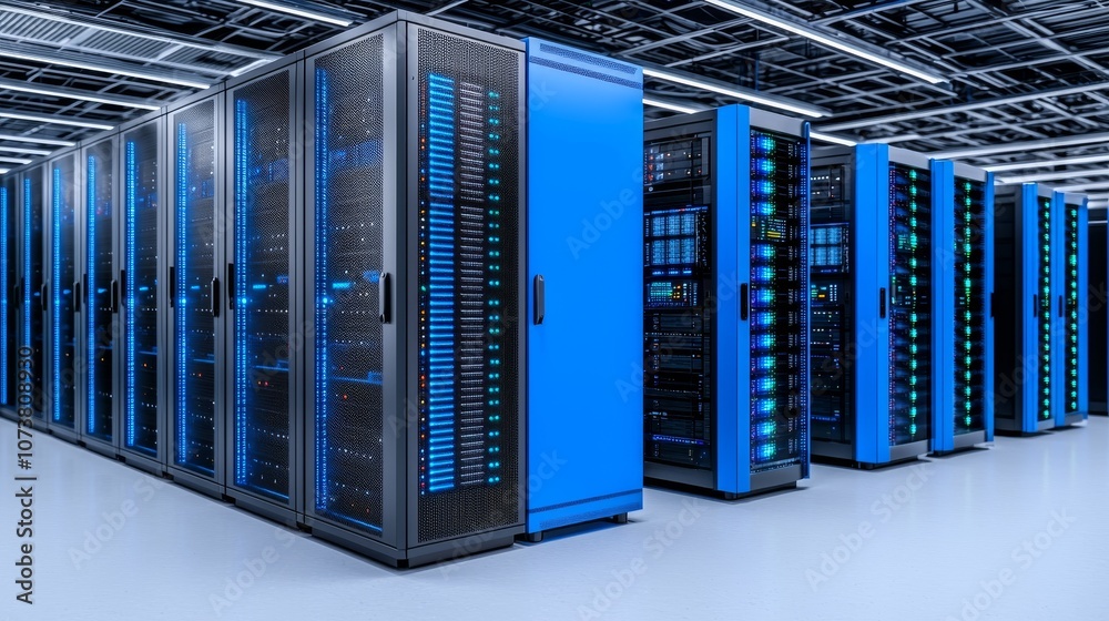 In this 3D computer rendered facility, we have server racks in a modern data center working in dark conditions. Internet of Things concepts, data protection, data storage, cryptocurrency farms, cloud In this 3D computer rendered facility, we have server racks in a modern data center working in dark conditions. Internet of Things concepts, data protection, data storage, cryptocurrency farms, cloud