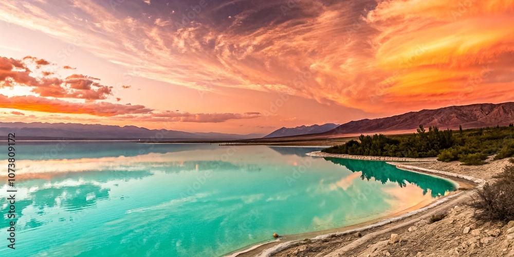 Fototapeta premium Ethereal Sunset Over a Turquoise Mirror A Panoramic View of Vibrant Skies, Whispering Clouds, and a Serene, Remote Shoreline V4