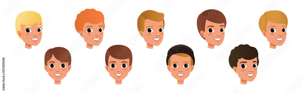 Young Man Smiling Face Head with Different Hairstyle Vector Set