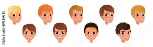 Young Man Smiling Face Head with Different Hairstyle Vector Set